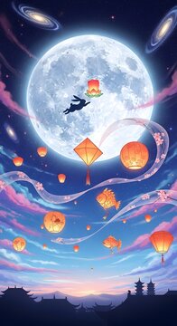 Full moon scene with traditional flying lanterns and Chinese zodiac rabbit, mid autumn