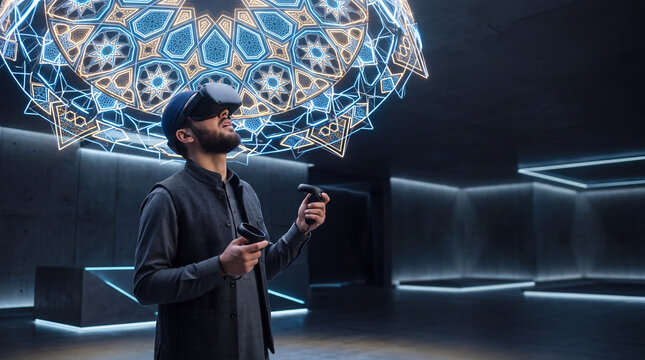Young Muslim Man Experiencing Islamic Virtual Reality VR Metaverse Hologram