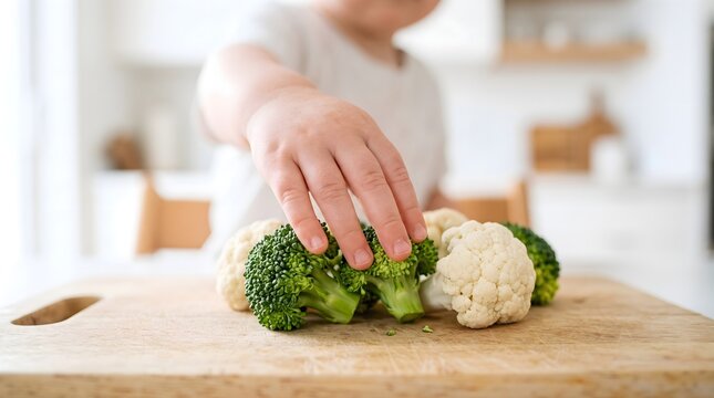 Toddler hand reaching for fresh green broccoli and cauliflower on wooden board in bright kitchen for healthy childhood nutrition and organic lifestyle promotion.