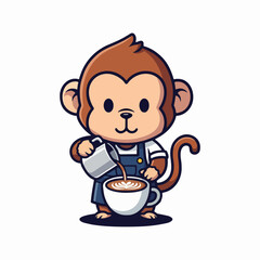 Obraz premium Cute cartoon monkey barista wearing an apron and pouring steamed milk into a cup of coffee to create latte art on a white background.