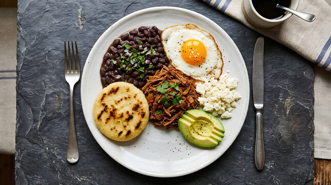 Traditional Venezuelan breakfast plate with arepa and shredded beef