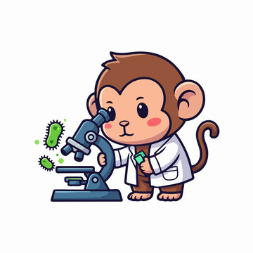 Cute cartoon monkey scientist wearing a white lab coat and using a microscope to examine green bacteria.
