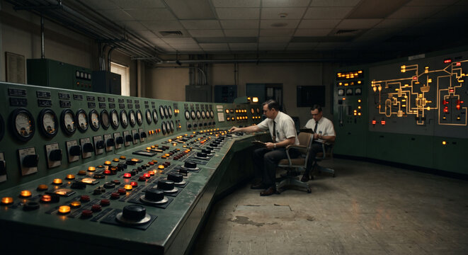 Vintage nuclear plant control room with operators and large dial panels