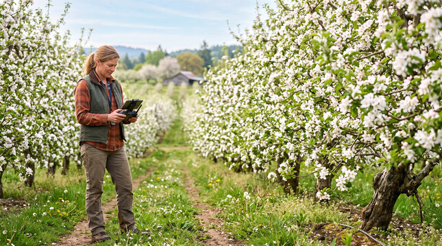 Female farmer operating a drone controller in a blossoming apple orchard