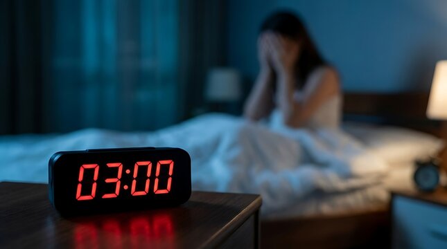 Woman sitting in bed feeling overwhelmed with insomnia while digital clock on bedside table displays three o clock representing middle of night sleep struggles and bad health.