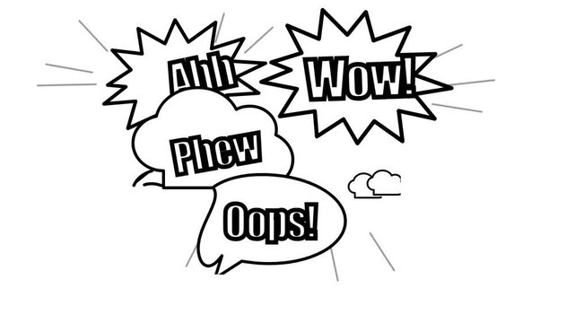 Sound effect speech bubbles in black and white, with comic book style, displaying exclamations like Ahh!, Wow!, Phew!, and Oops!