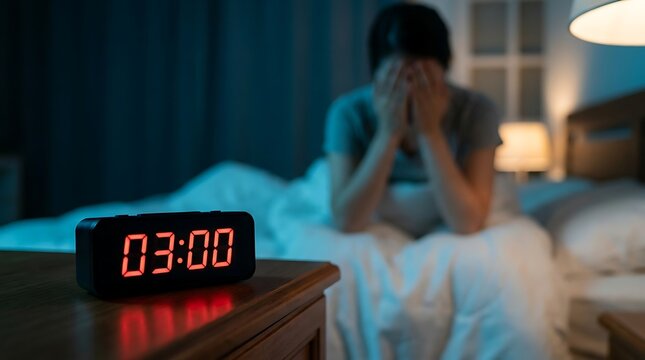 Stressed young woman sitting on bed holding head in hands suffering from insomnia during night time with digital alarm clock displaying three o clock on wooden bedside table now.