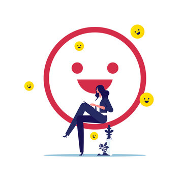 Work happiness or job satisfaction, passion or enjoyment working with company, employee wellbeing concept, happy businesswoman working with computer on smiling face