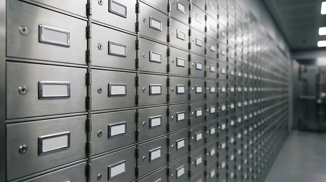 Close up view of metal safe deposit boxes in a secure bank vault with silver doors and name plates offering high security storage for valuables assets and important legal documents also.