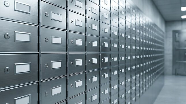 Rows of metal safety deposit boxes in modern bank vault interior with empty labels and security locks creating secure storage and financial services concept.