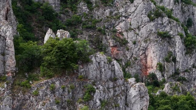 A detailed view of steep limestone cliffs and jagged rock formations interspersed with vibrant green trees in a rugged wilderness.