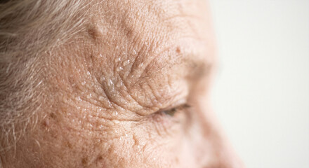 Fototapeta premium Elderly Temple Skin Showing Sweat Droplets and Signs of Physical Strain