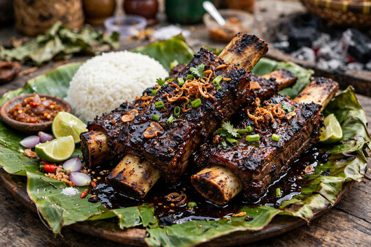 Grilled beef ribs with white rice and fried shallots on banana leaf