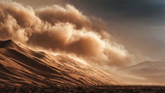 Dramatic sandstorm swirling over expansive desert sand dunes.