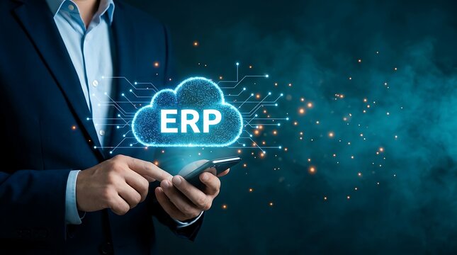 Enterprise resource planning cloud integration and digital transformation, businessman using mobile phone connecting to global network and data, technology concept for future business growth and innov