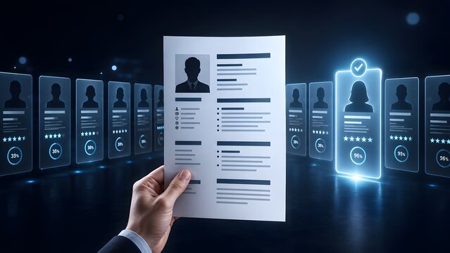 Recruiter holding a printed resume against a background of glowing digital candidate profiles showing AI match percentages.