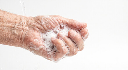 Fototapeta premium Elderly Hand Covered with Soap Foam During Washing