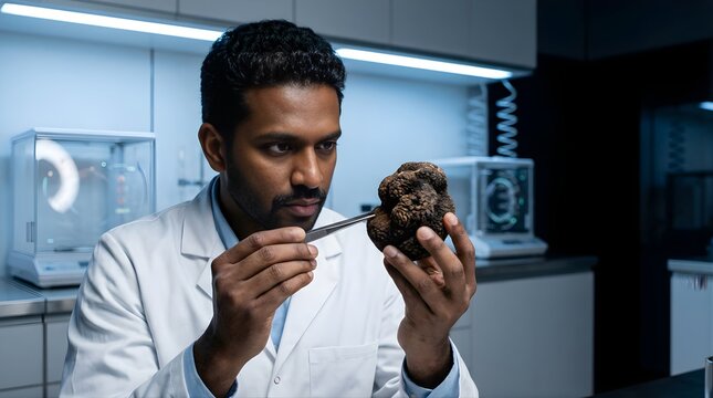 Male scientist examining a black truffle with tweezers in a laboratory