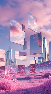 Abstract surreal landscape with floating mirrors and pink clouds