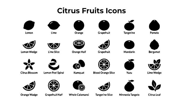 Citrus Fruits Solid Glyph Icons Set - Vector Fresh Citrus Symbols for Lemon, Lime, Orange, Grapefruit, Tangerine, Pomelo, Mandarin, Bergamot, Yuzu, Kumquat, Calamansi, and Citrus Leaf