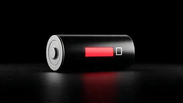 Black cylindrical battery with low power indicator showing red light on surface electricity electronic rechargeable indicator technology portable