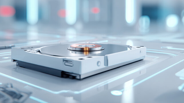 Open hard disk drive close up silver metal data storage computer hardware digital technology modern device futuristic background blue light shallow depth