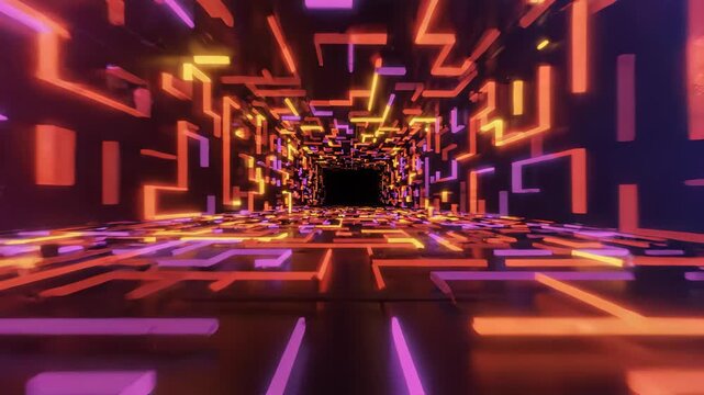 Futuristic Neon Tunnel with Glowing Purple and Orange Lines in Cyberpunk Style