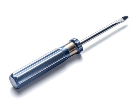 Blue handle flat-head screwdriver on white