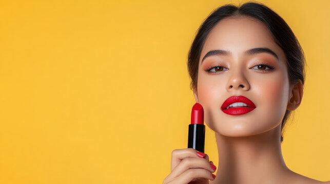 Woman lipstick red makeup beauty model Indian radiant complexion yellow background glamour