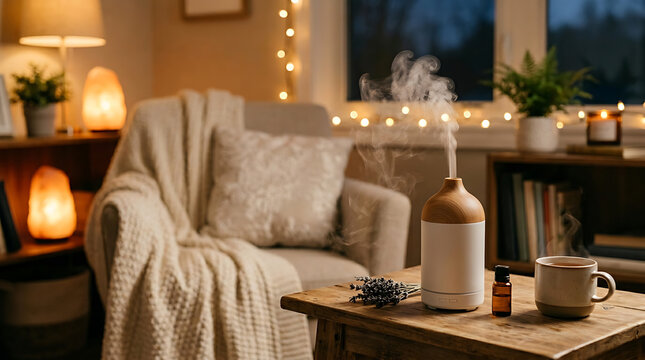 Cozy winter living room with warm lighting and festive string lights on a snug couch
