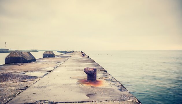 Vintage concrete pier with rusty bollard, industrial harbor breakwater under overcast sky, nostalgic coastal landscape with calm sea