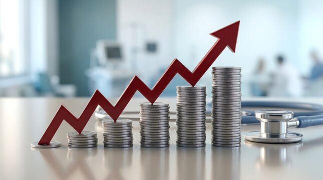 Rising financial graph with stacked coins and stethoscope symbolizing healthcare industry growth and economic success.