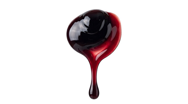 Dripping red liquid drop on transparent isolated background.