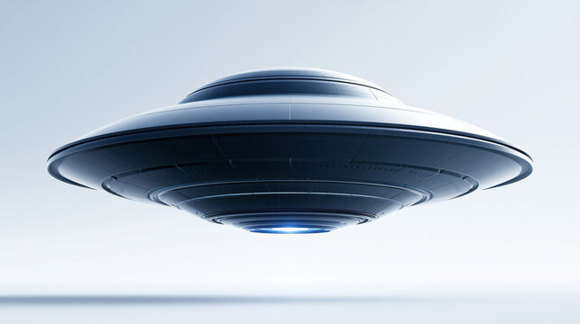 Futuristic flying saucer with smooth metallic surface and sleek design in bright studio light, isolated on white background