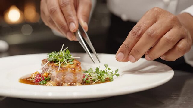 Chef meticulously plating a gourmet pork belly dish with microgreens using tweezers in a fine dining kitchen