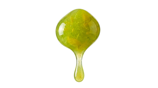 Close-up of a yellow liquid drop with a tail on transparent background.