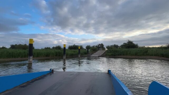 Wide View from Vehicle Ferry Crossing the Elbe River in Germany