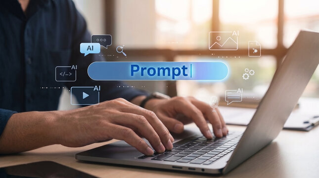 Professional man using laptop to enter text prompt for generative artificial intelligence technology with digital icons for video audio image and coding work