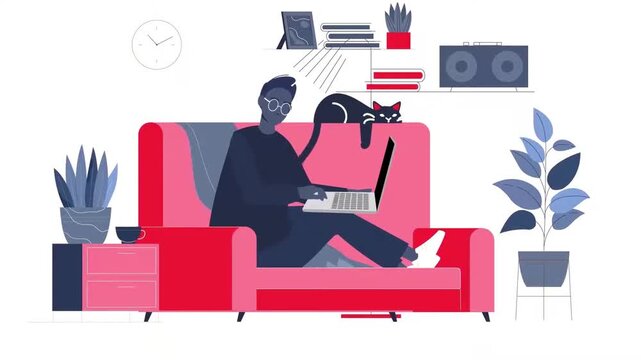 2D Animated Man Lying on Sofa Working on Laptop Computer with Pet Cat nearby Flat Vector Character Animation Footage
