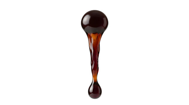 Close-up of a glossy chocolate drop with golden drizzle on transparent background.