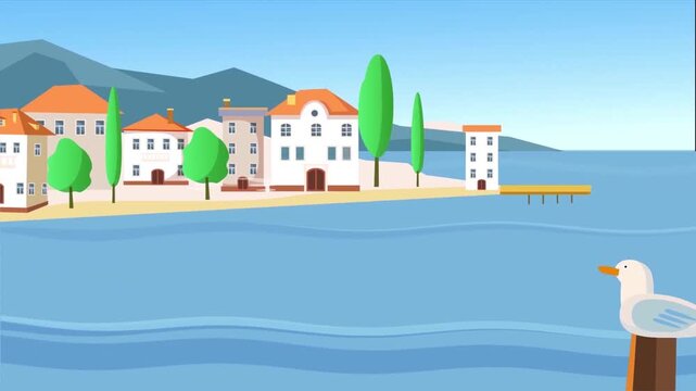 2D Animated Mediterranean Coastal Town Seaside Waterfront Landscape with Seagull Flat Vector Motion Graphics Animation Footage
