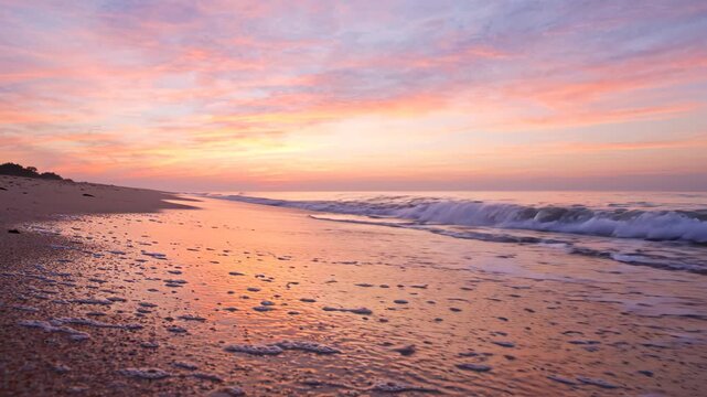 Sunset at the Beach with Gentle Waves Rolling onto Sandy Shoreline