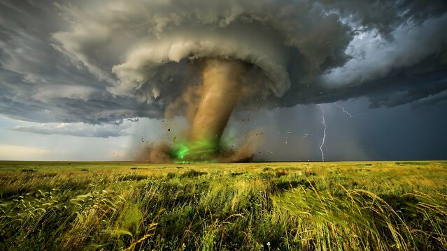 Dramatic supercell tornado swirling over vast green prairie landscape.