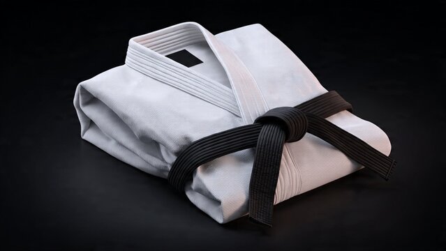 Folded white martial arts karate gi kimono uniform with a black belt on black background self defense training taekwondo exercise discipline