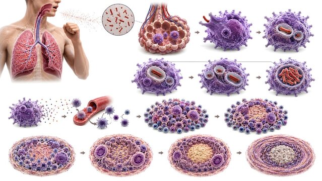 Tuberculosis Pathogenesis Medical Illustration Showing Airborne Transmission, Macrophage Infection, Granuloma Formation and Caseous Necrosis