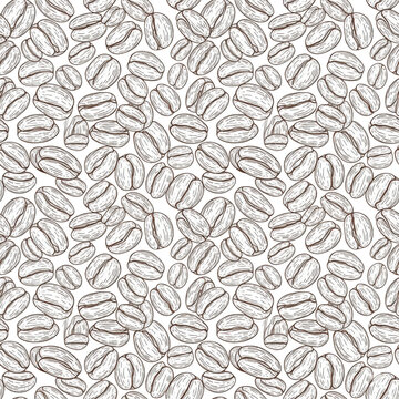 Highly detailed roasted coffee beans, brown line art vintage ink etching illustration, cross-hatching, forming a dense seamless vector pattern on a transparent background, concept for branding