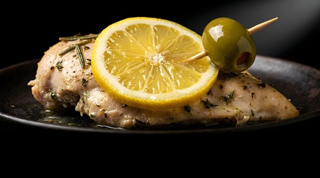 Roasted chicken breast with lemon slice and green olive on a dark plate