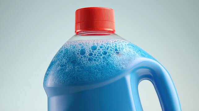 Partial view of plastic detergent bottle with bright red screw cap filled with blue soapy liquid covered with small bubbles on light neutral background for household cleaning concepts