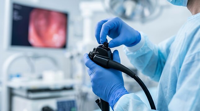Medical professional performing colonoscopy procedure using advanced diagnostic endoscopy equipment within sterile hospital operating theater setting showing patient internal anatomy view.