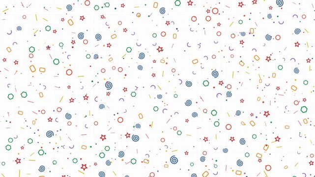 Animated abstract background featuring colorful stars circles and spirals floating and rotating on a white grid surface